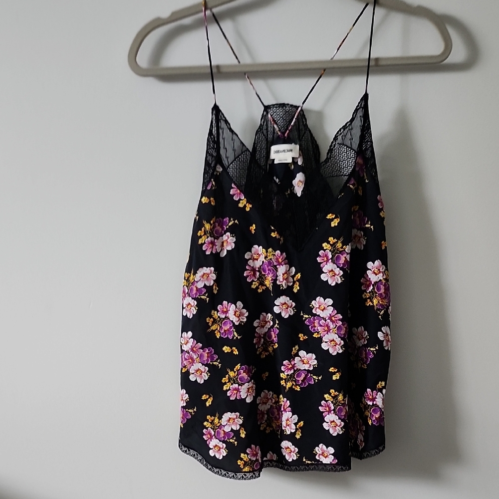 100% Silk Floral Lace Trim Cami Top